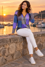 Haut violet zippé à imprimé patchwork | Deuxième photo lifestyle | Lounelle Paris
