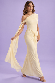 Robe longue moulante froncée asymétrique jaune | Vue en mouvement | Lounelle Paris