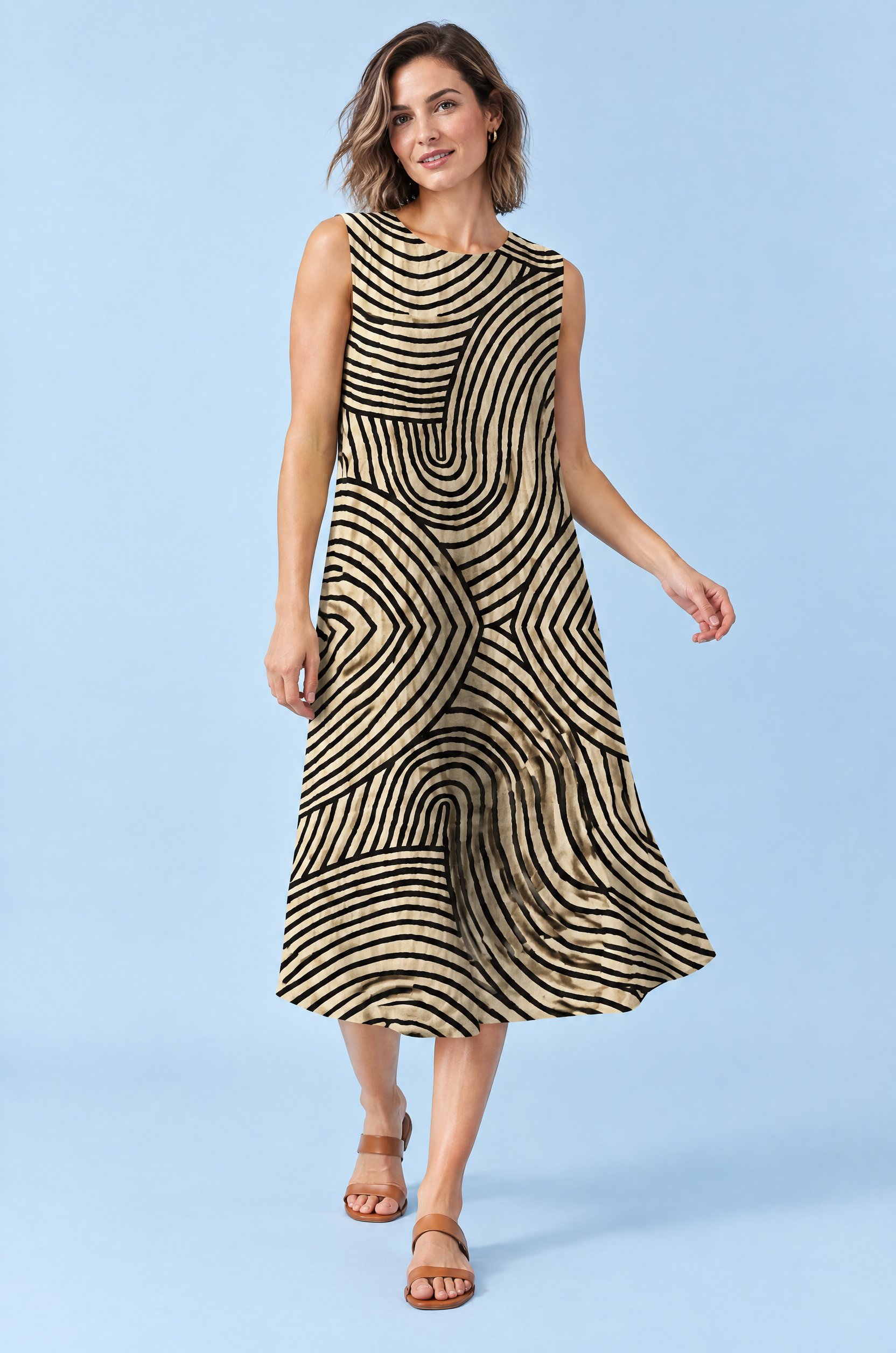 Robe midi écrue rayée sans manches | Vue en mouvement | Lounelle Paris