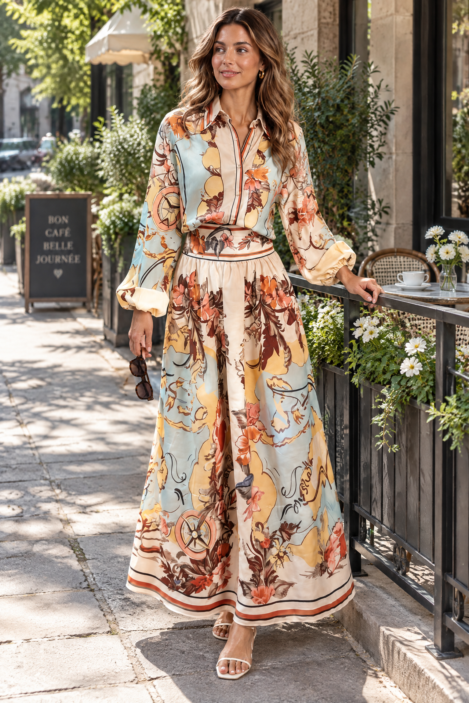 Ensemble chemise et jupe imprimé multicolore | Photo lifestyle | Lounelle Paris