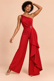 Combinaison pantalon rouge à encolure carrée festonnée | Vue en mouvement | Lounelle Paris