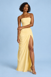 Robe longue jaune froncée sans bretelles | Vue de face | Lounelle Paris