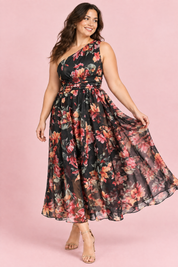 Robe longue fleurie noire à une épaule, coupe trapèze | Porté sur une silhouette plus ronde | Lounelle Paris
