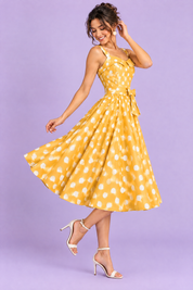 Robe midi jaune à pois et encolure carrée | Vue de dos | Lounelle Paris
