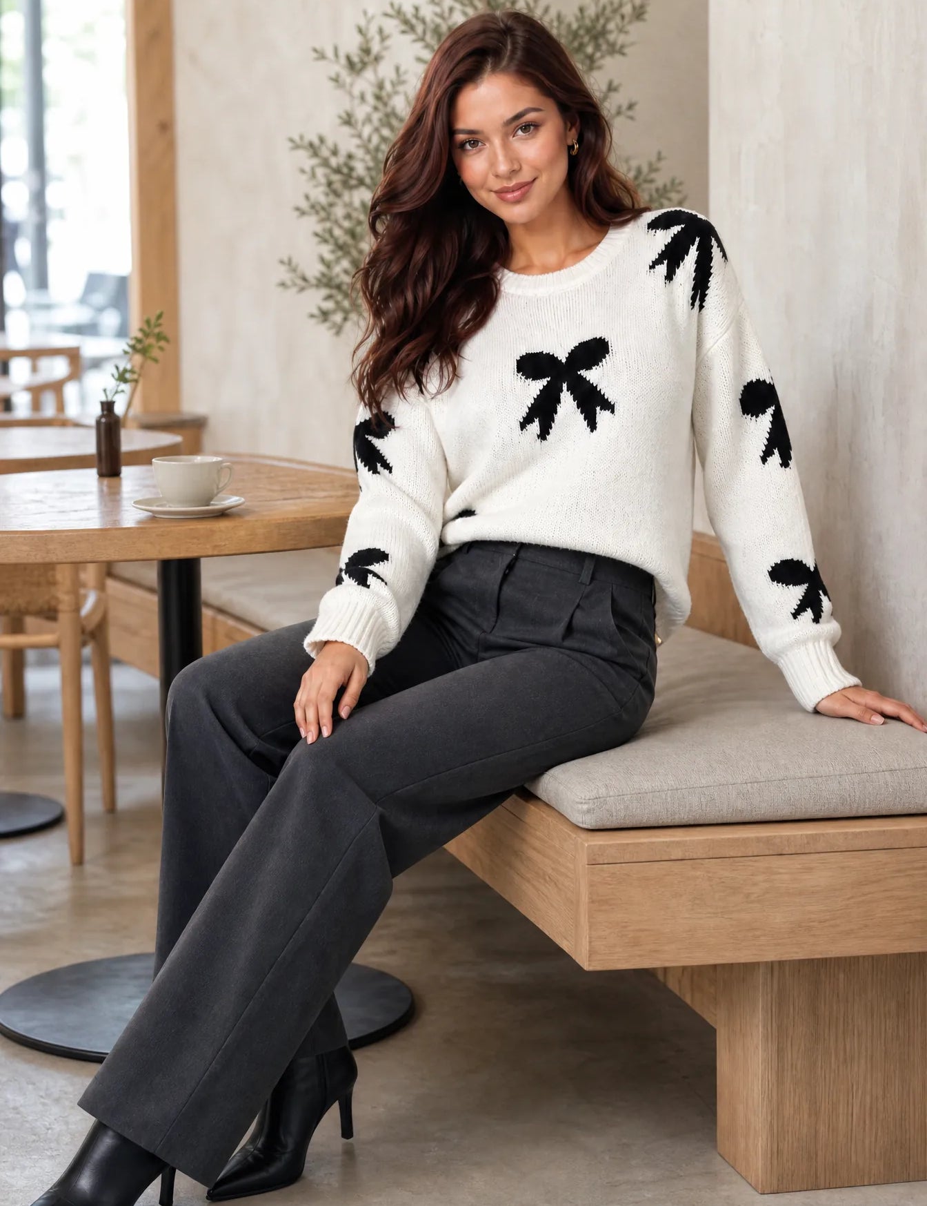 Pull blanc cassé motifs nœuds | Photo lifestyle | Lounelle Paris