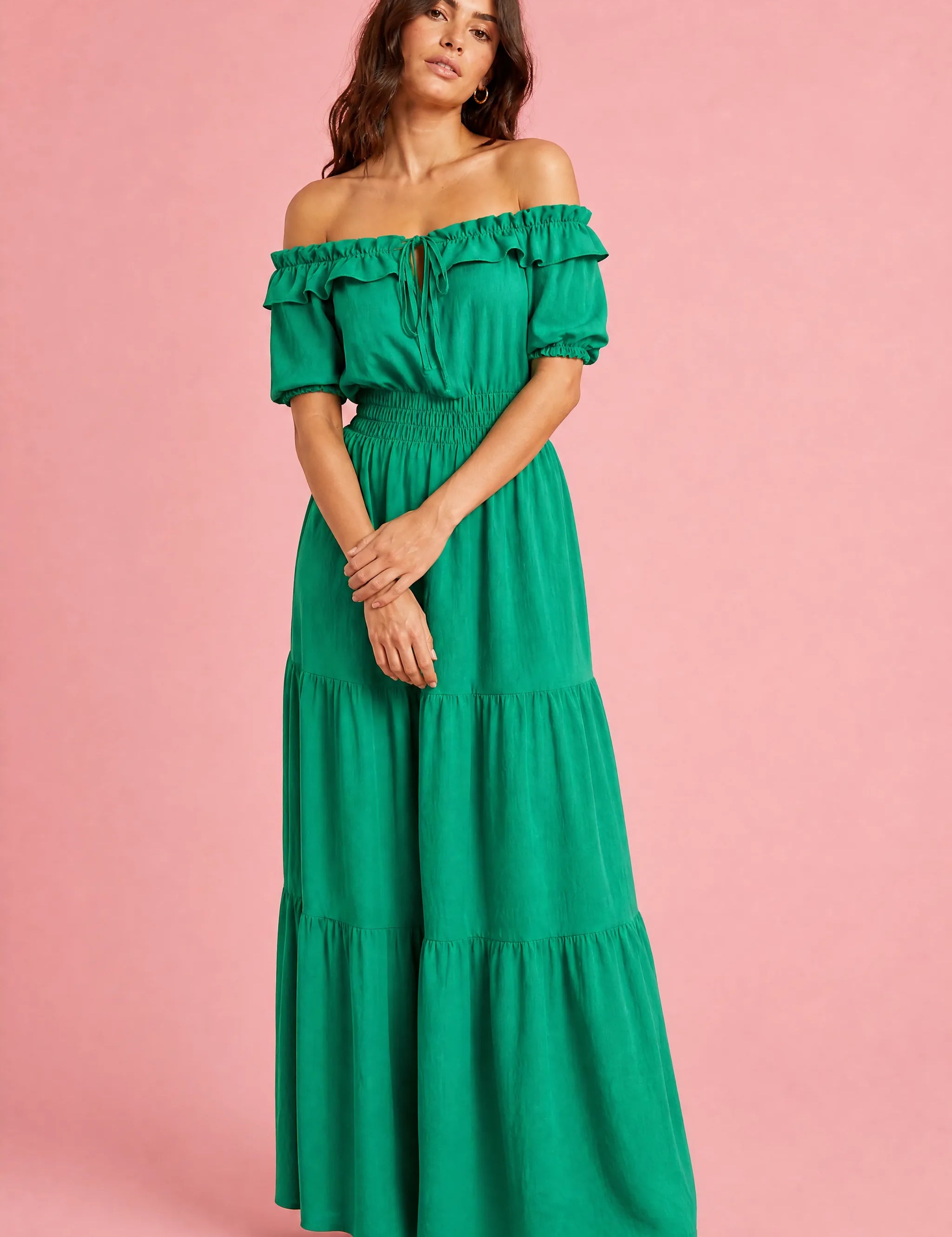 Robe à volants épaules dénudées | Variante Vert | Lounelle Paris