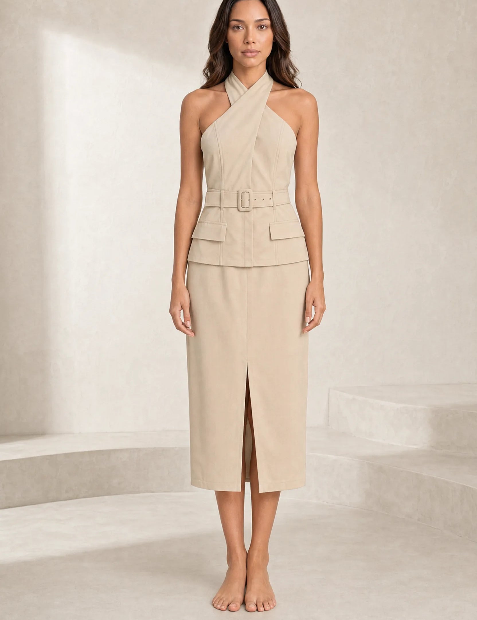 Robe abricot col halter dos nu | Lounelle Paris