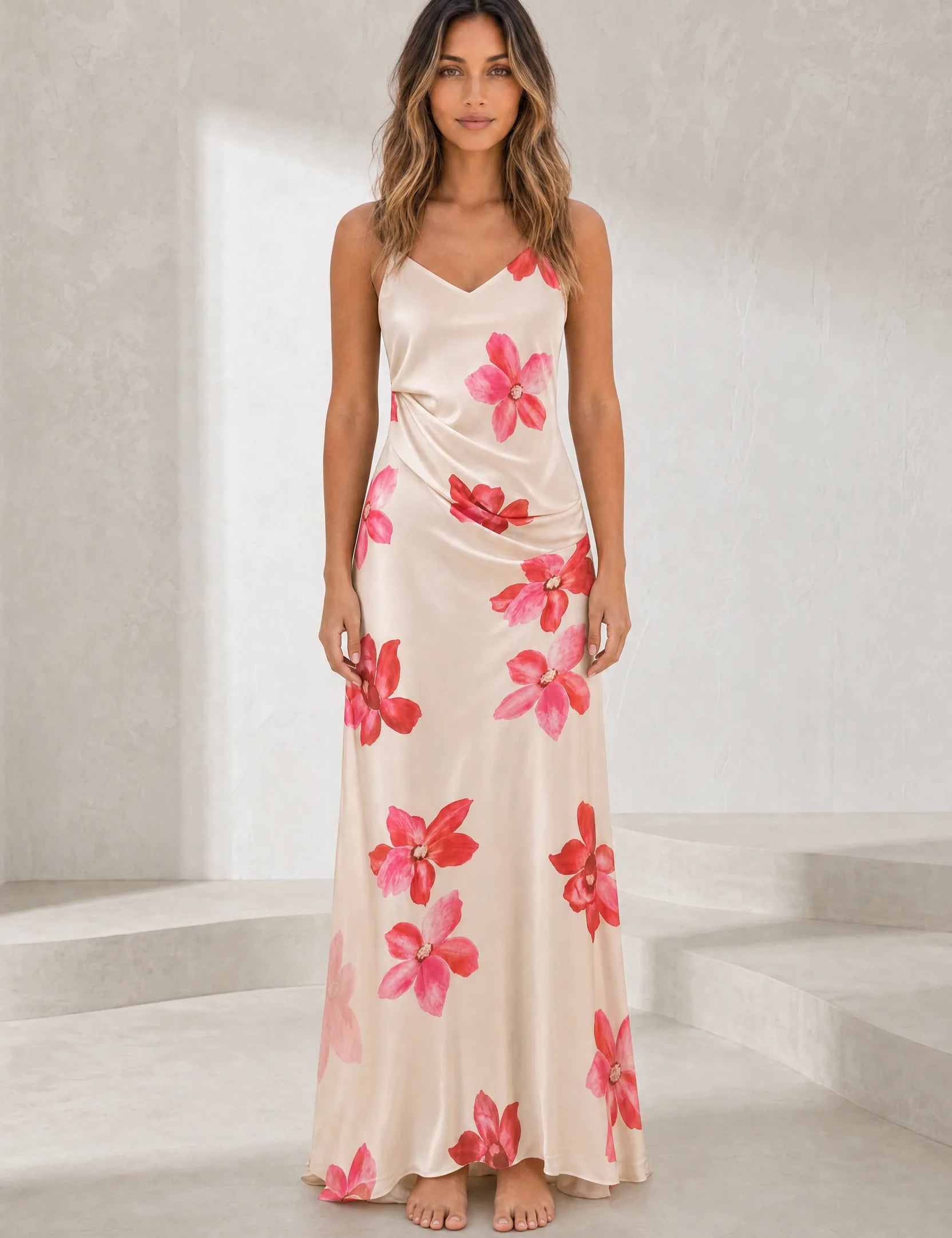 Robe beige bretelles fleurie | Lounelle Paris