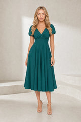Robe col V croisé manches bouffantes