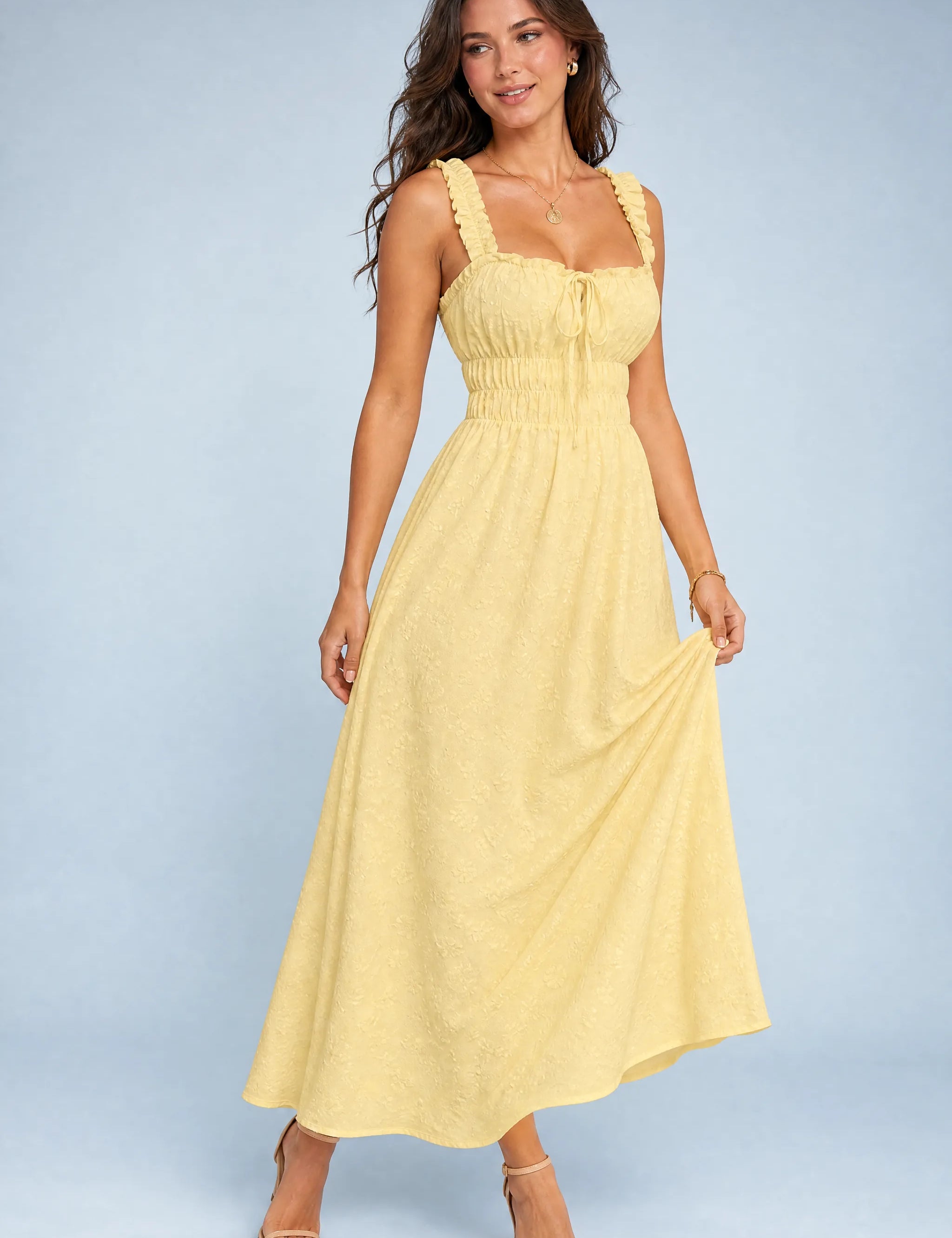 Robe jaune encolure carrée bretelles volantées | Vue de face | Lounelle Paris