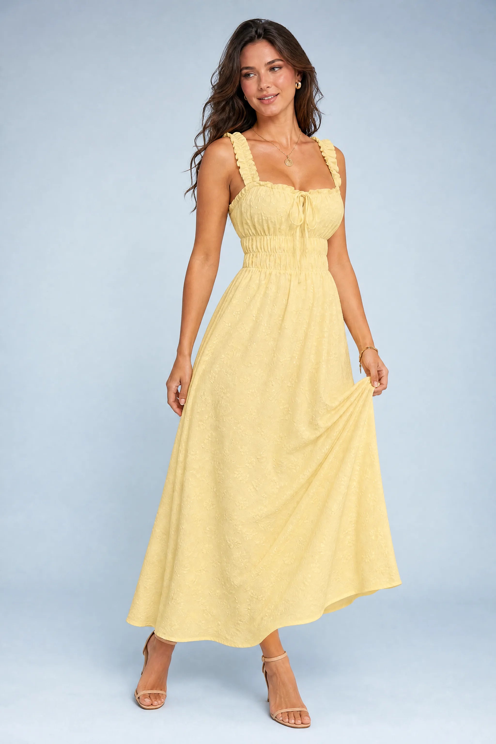 Robe jaune encolure carrée bretelles volantées | Vue de face | Lounelle Paris