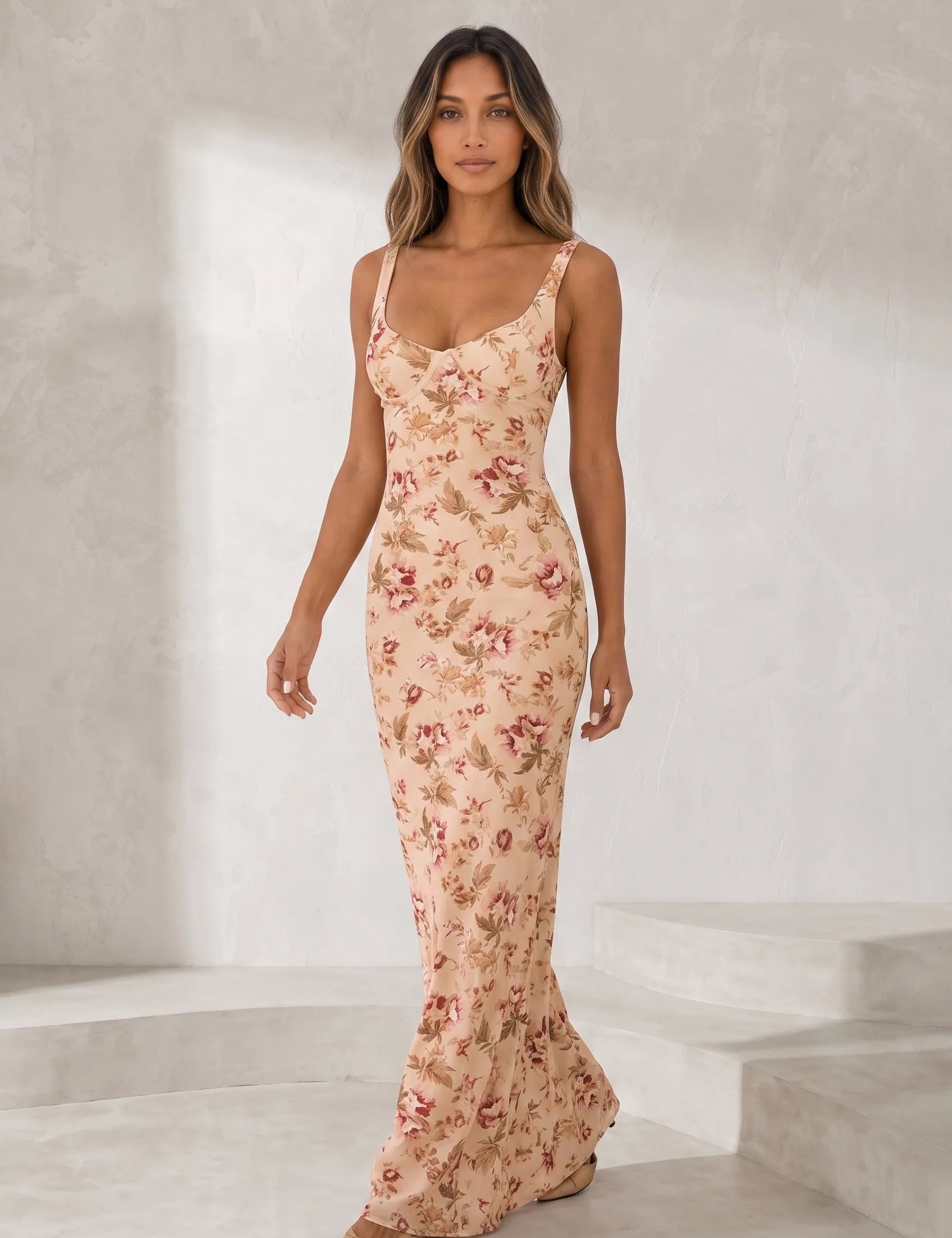 Robe longue abricot fleurie dos nu | Lounelle Paris