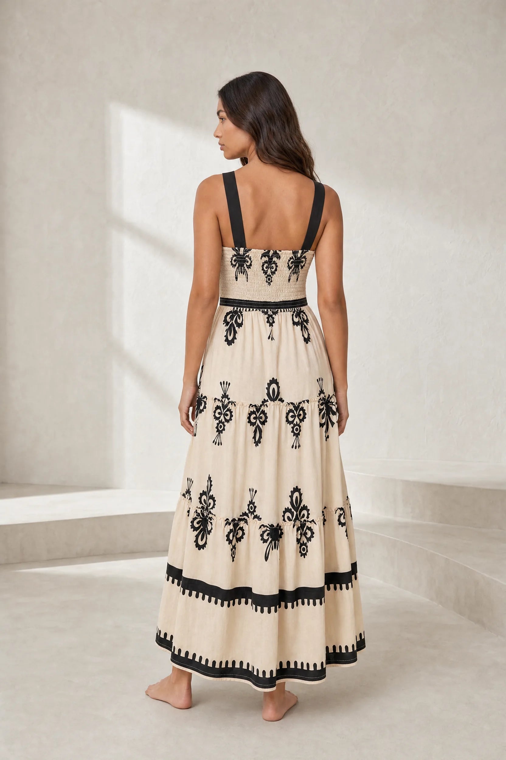 Robe longue abricot imprimée smockée | Lounelle Paris