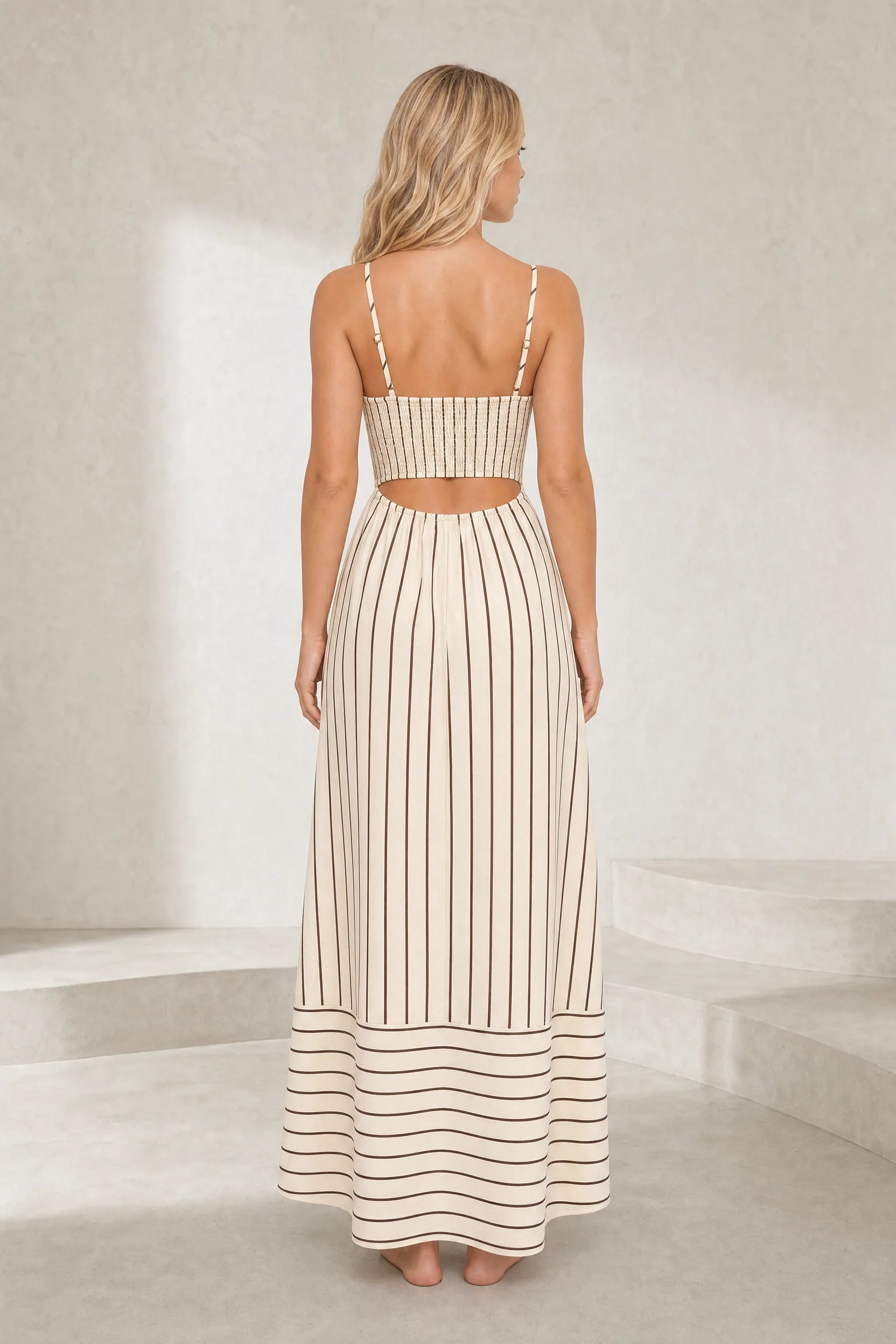 Robe longue beige rayée dos nu | Lounelle Paris