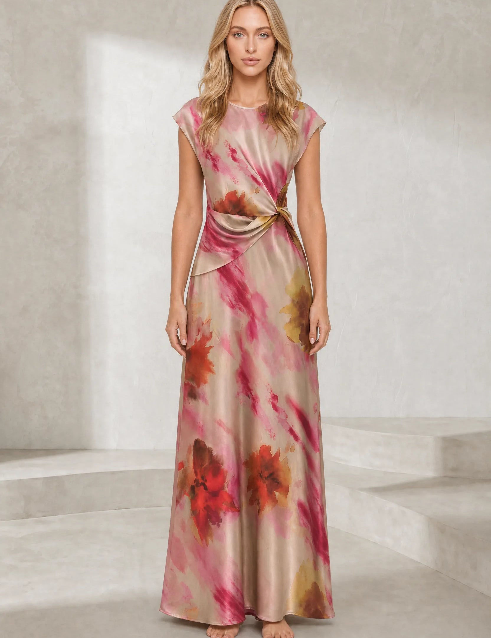 Robe longue beige rosé imprimée | Lounelle Paris
