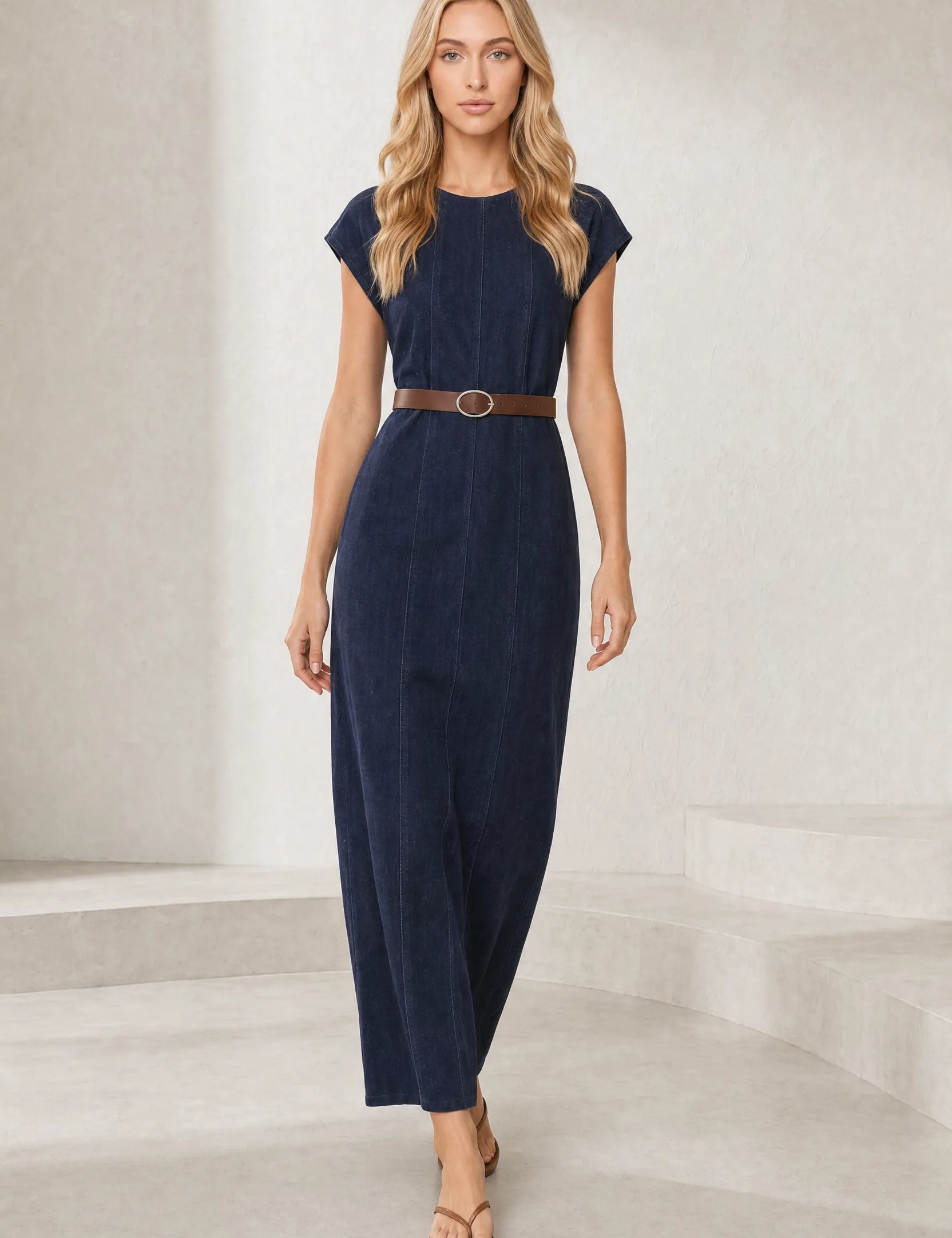 Robe longue bleu foncé ceinturée | Lounelle Paris