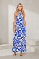 Robe longue bleue col halter dos nu