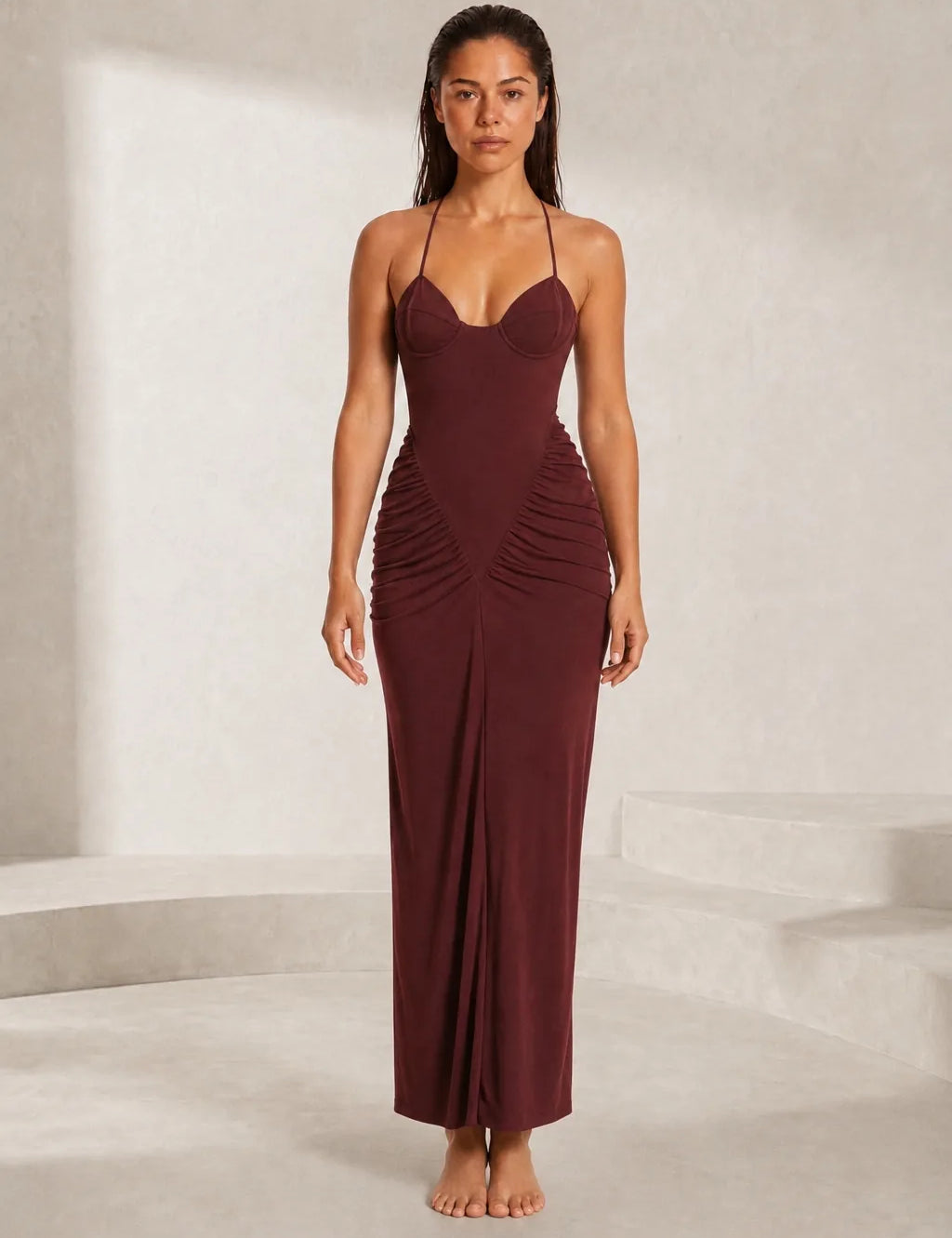 Robe longue bordeaux à fines bretelles | Lounelle Paris