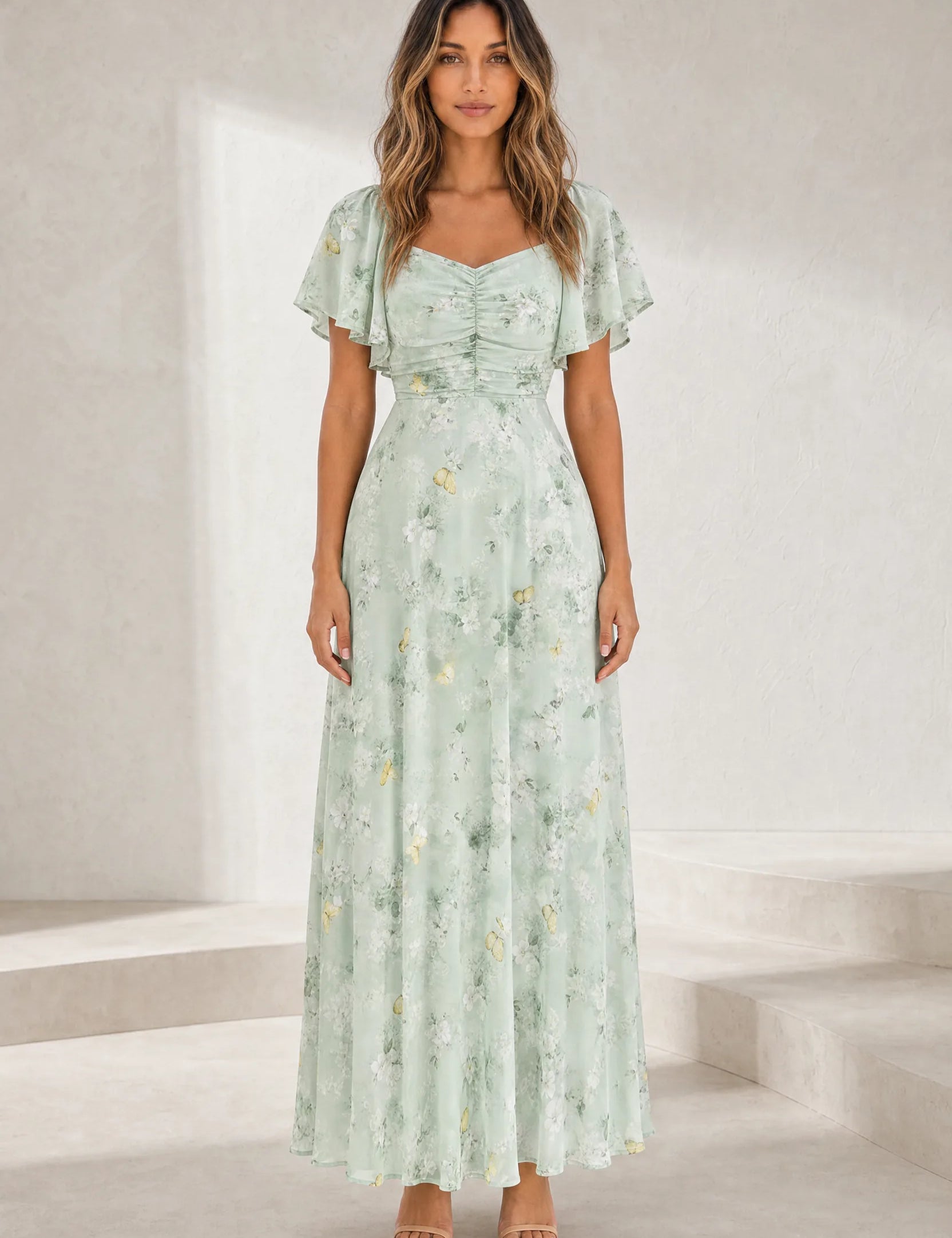 Robe longue col carré manches volantées | Lounelle Paris