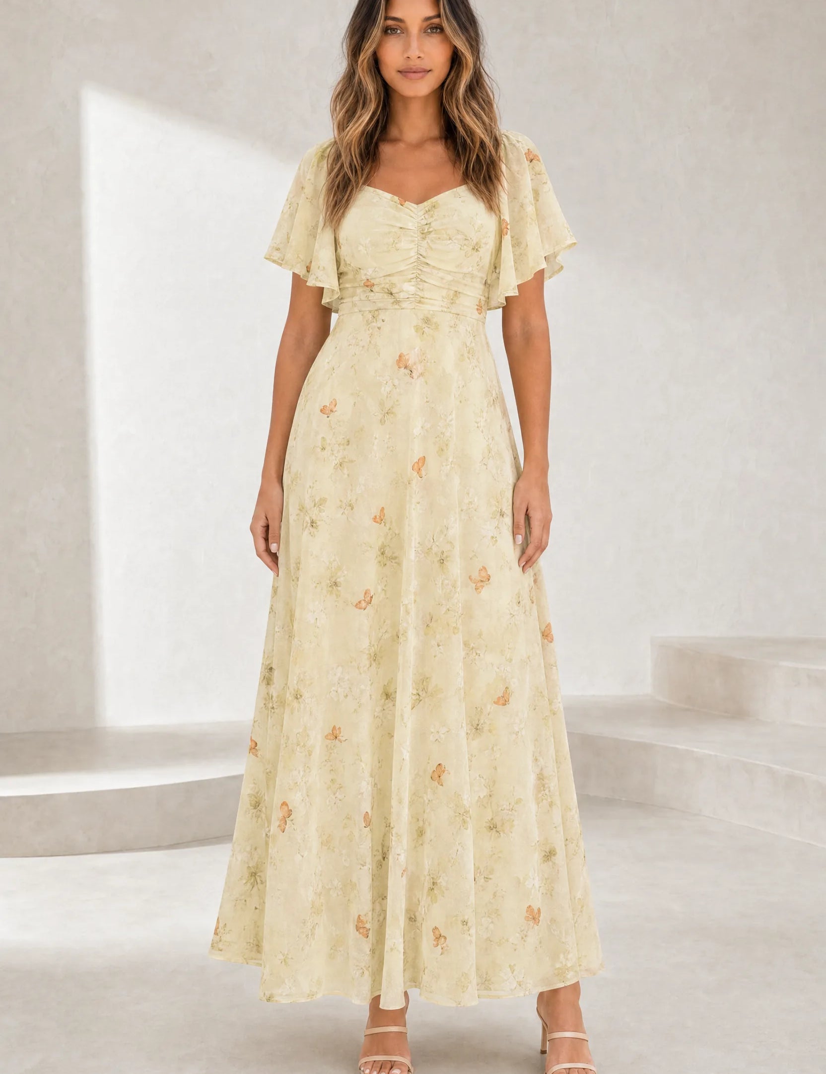 Robe longue col carré manches volantées | Lounelle Paris