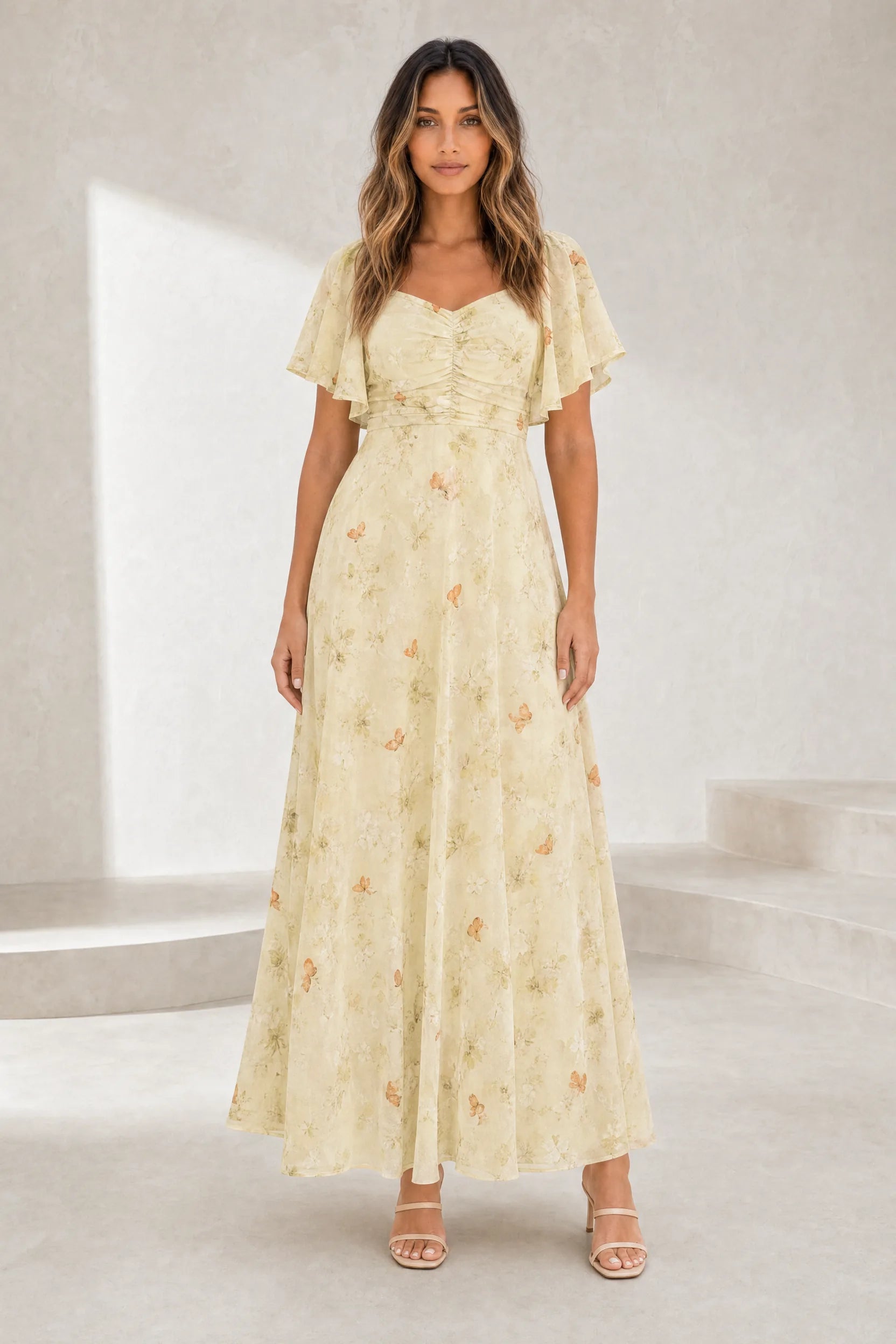 Robe longue col carré manches volantées | Lounelle Paris