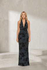 Robe longue gris anthracite col halter