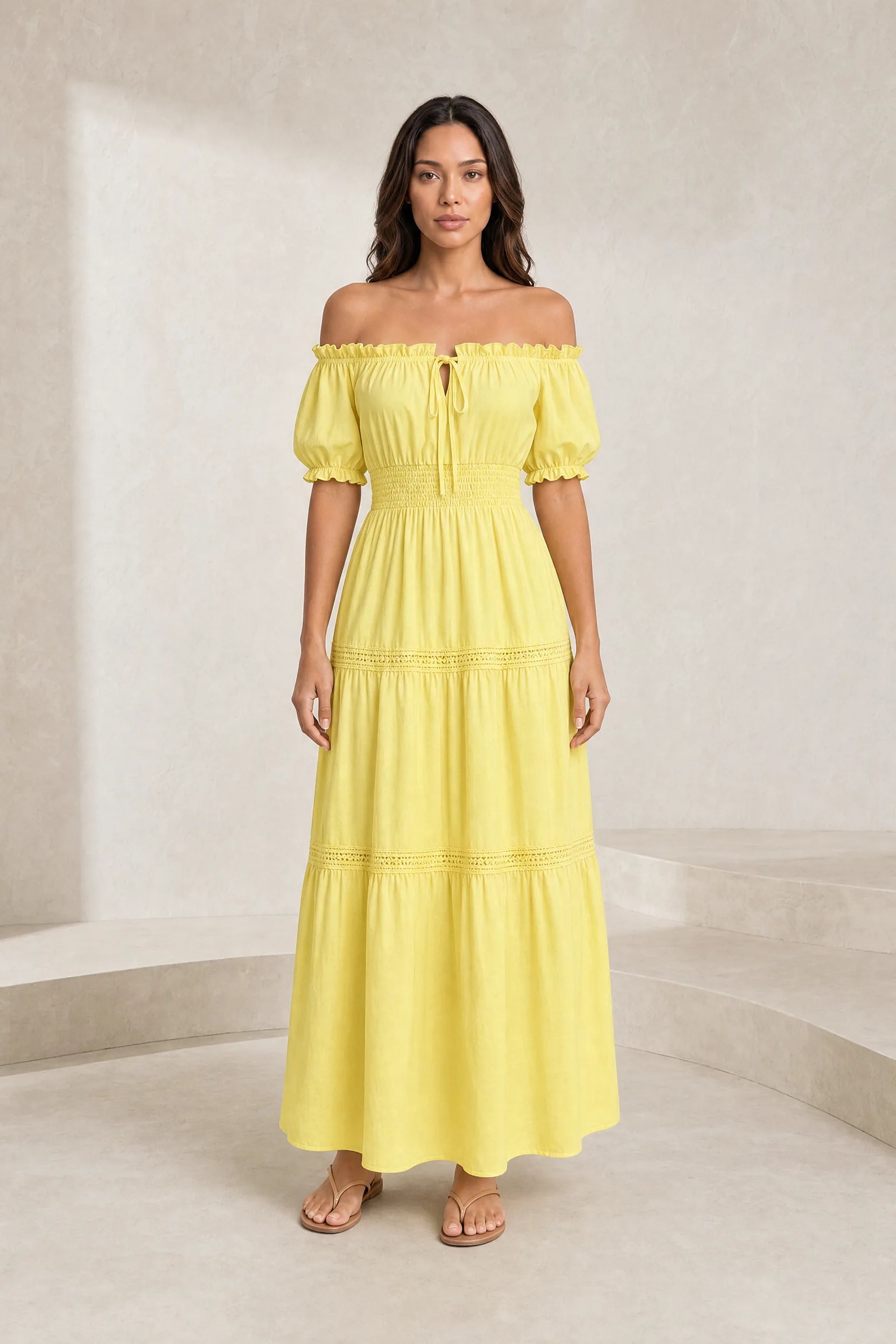 Robe longue jaune épaules dénudées | Lounelle Paris
