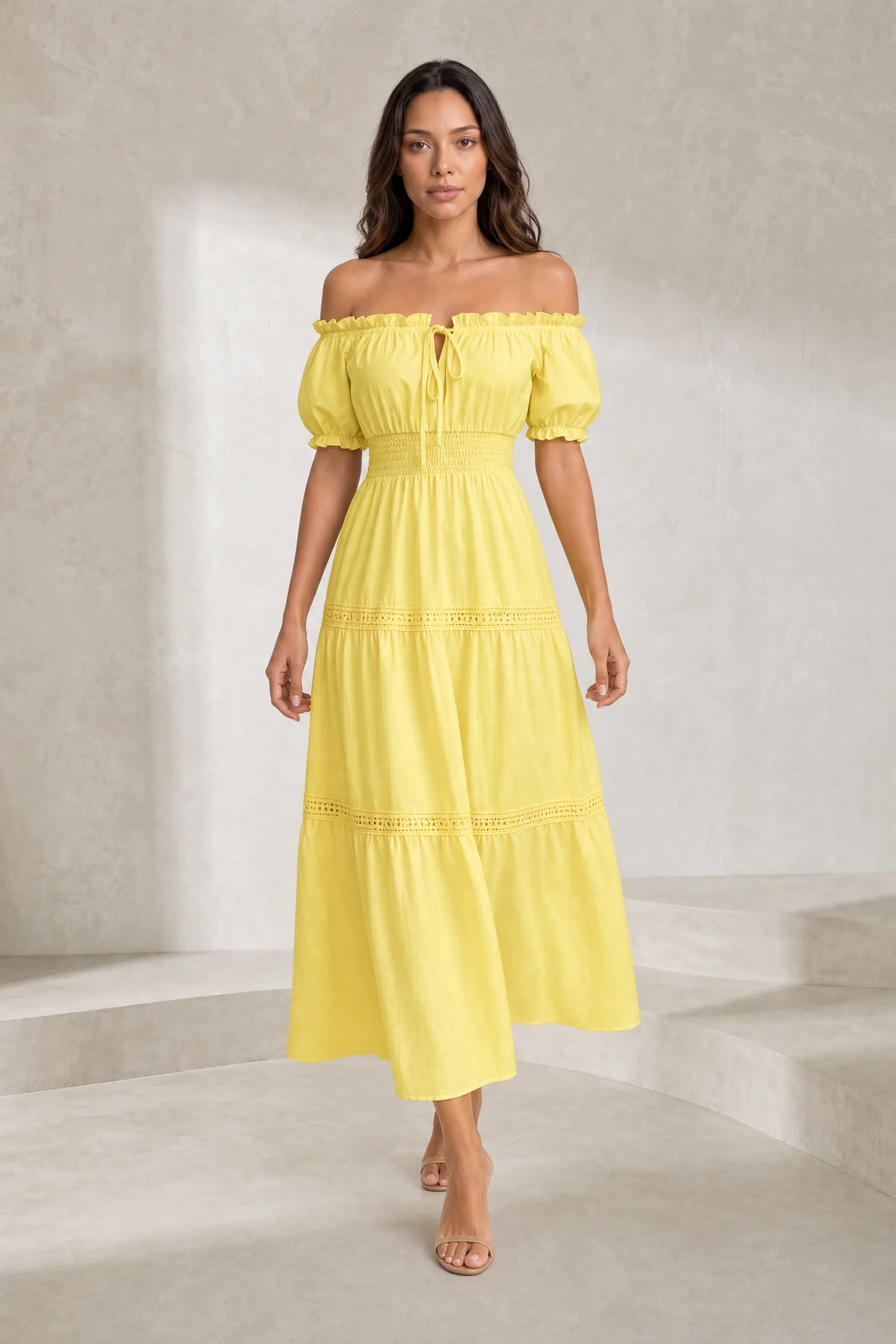 Robe longue jaune épaules dénudées | Lounelle Paris