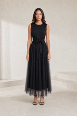 Robe longue noire tulle taille nouée