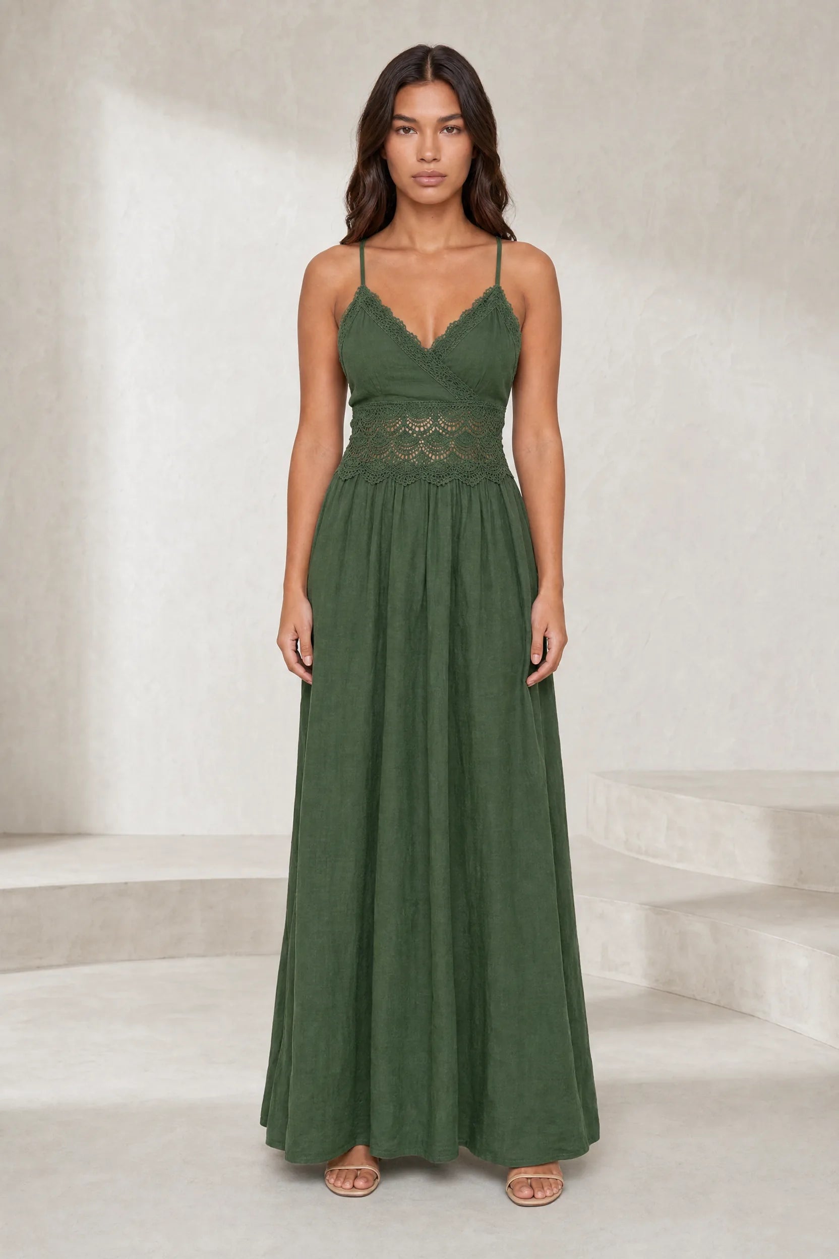 Robe longue vert foncé dos smocké | Lounelle Paris