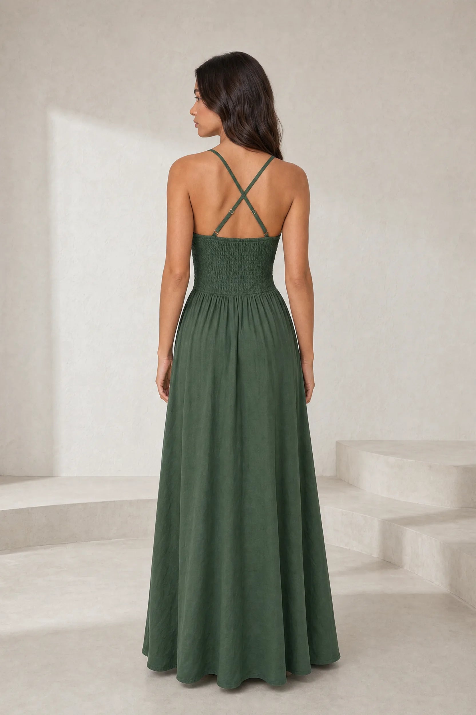 Robe longue vert foncé dos smocké | Lounelle Paris