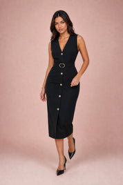 Robe noire col V ceinturée | Vue en mouvement | Lounelle Paris