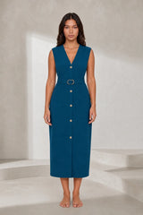 Robe noire col V ceinturée