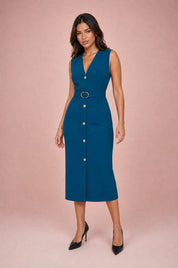 Robe noire col V ceinturée | Variante Bleu | Lounelle Paris