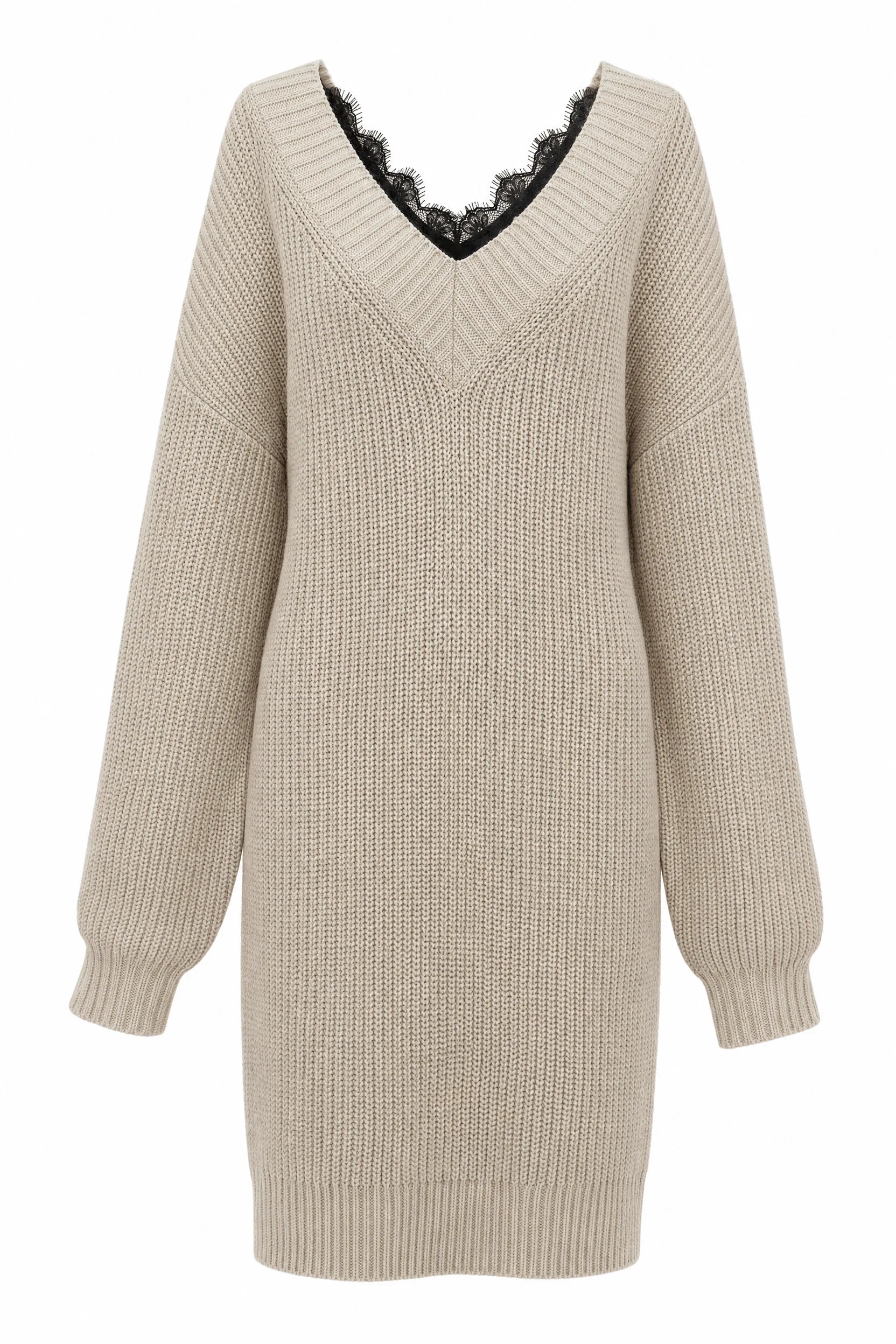 Robe pull beige col V dentelle | Lounelle Paris