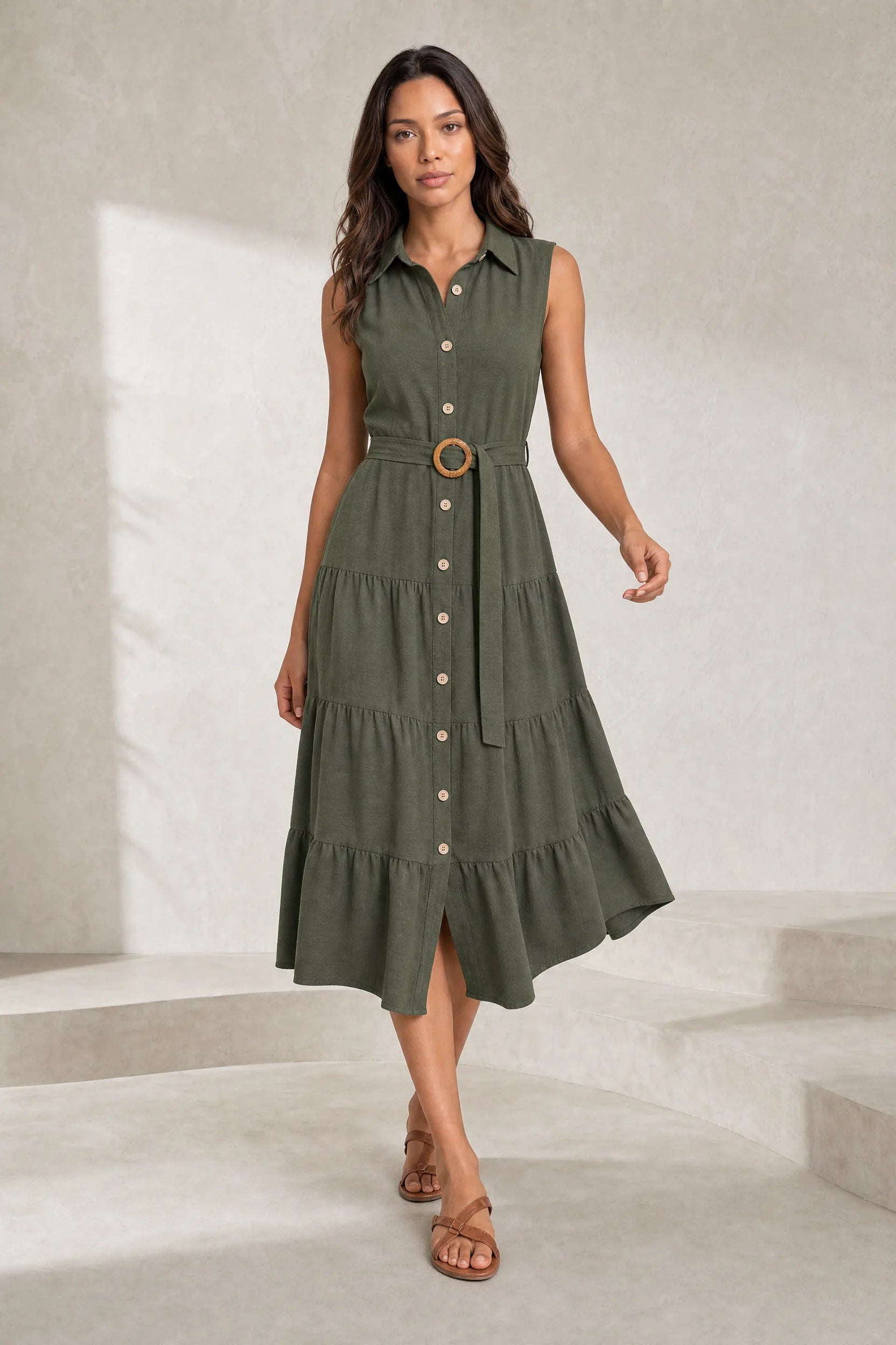 Robe vert militaire col chemise ceinturée | Lounelle Paris