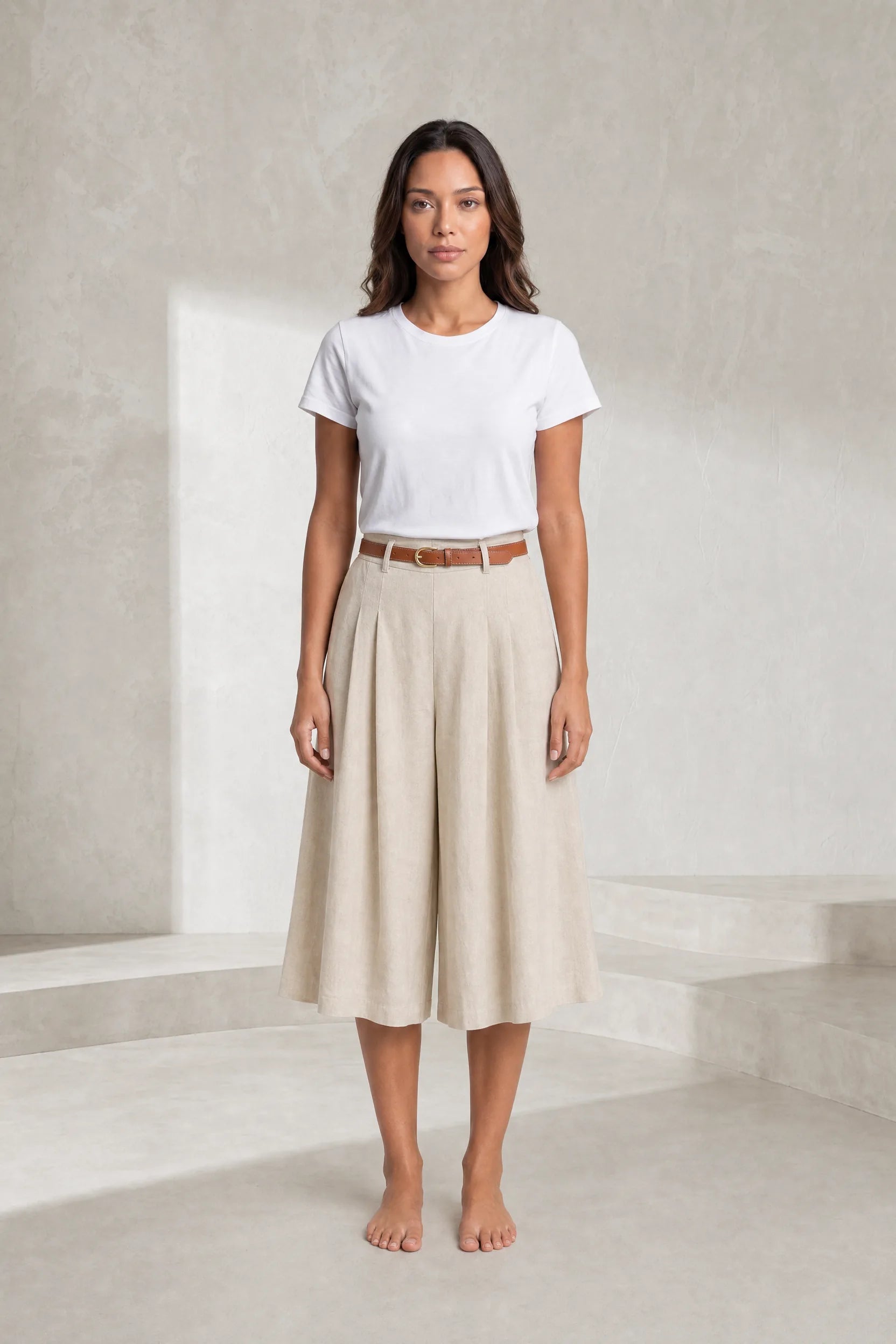 Short beige taille haute ceinturé | Lounelle Paris