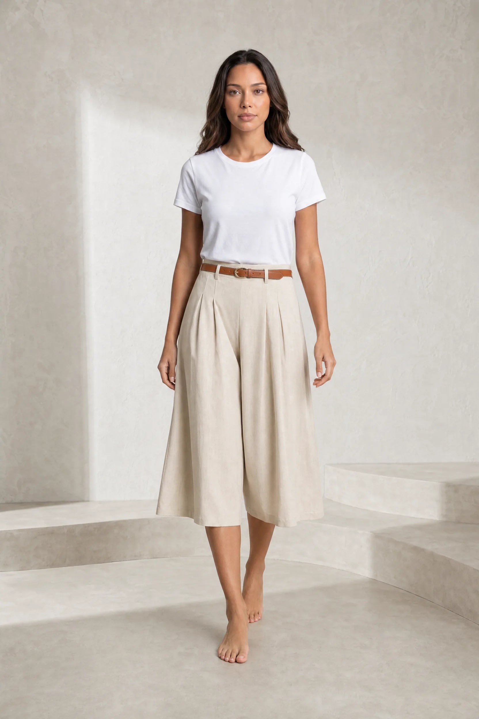 Short beige taille haute ceinturé | Lounelle Paris