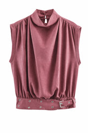 Top rose poudré col montant ceinturé | Lounelle Paris