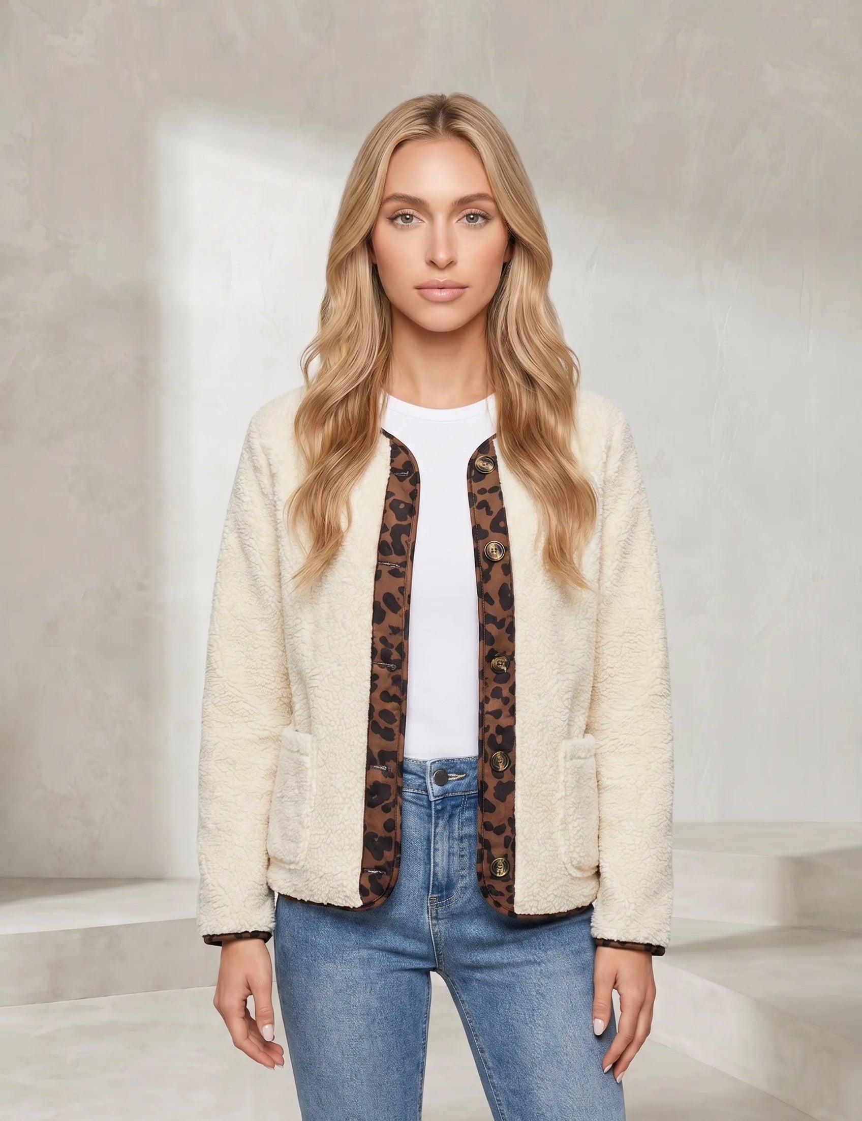 Veste beige sherpa à bordures léopard | Lounelle Paris