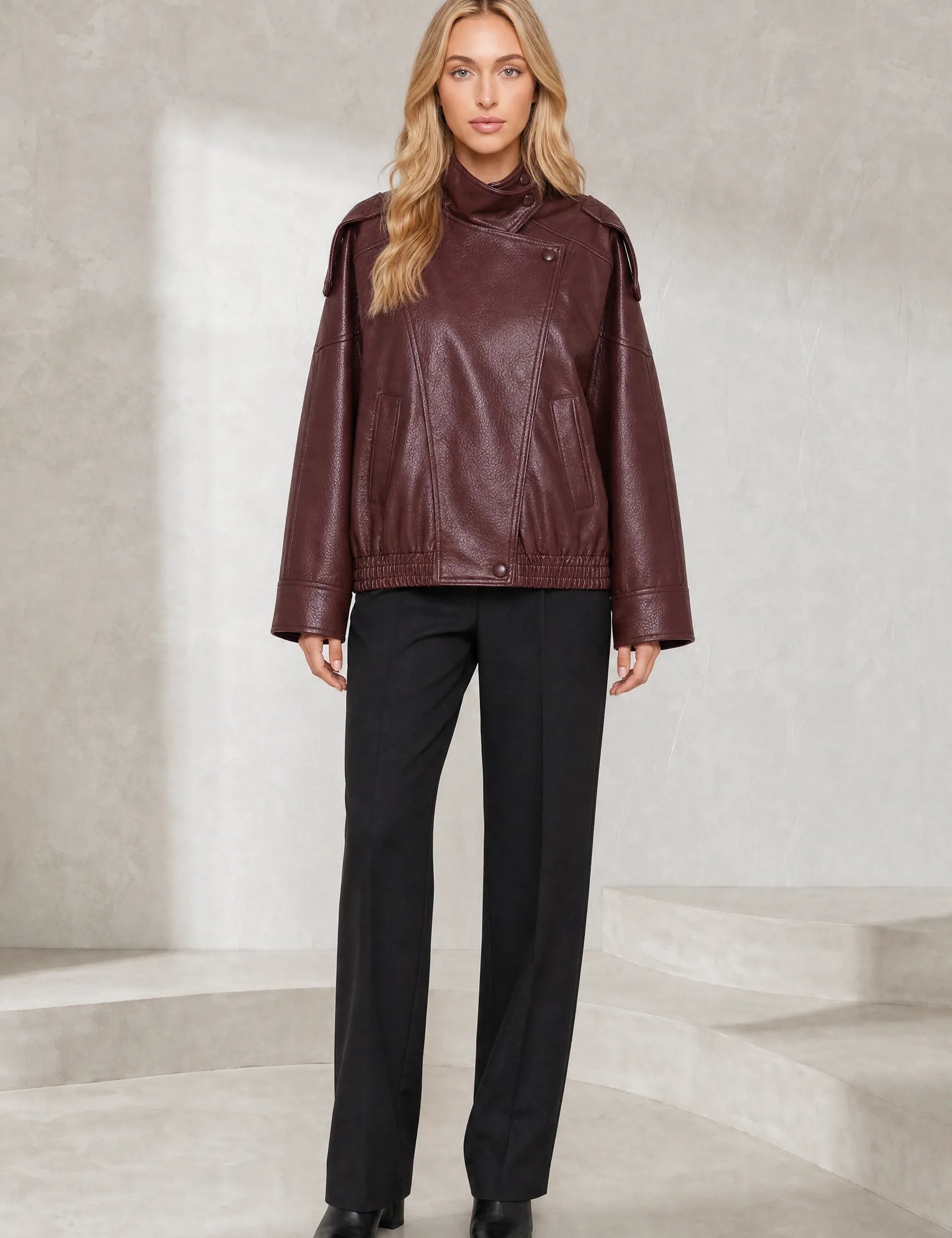 Veste en cuir ample col montant | Lounelle Paris
