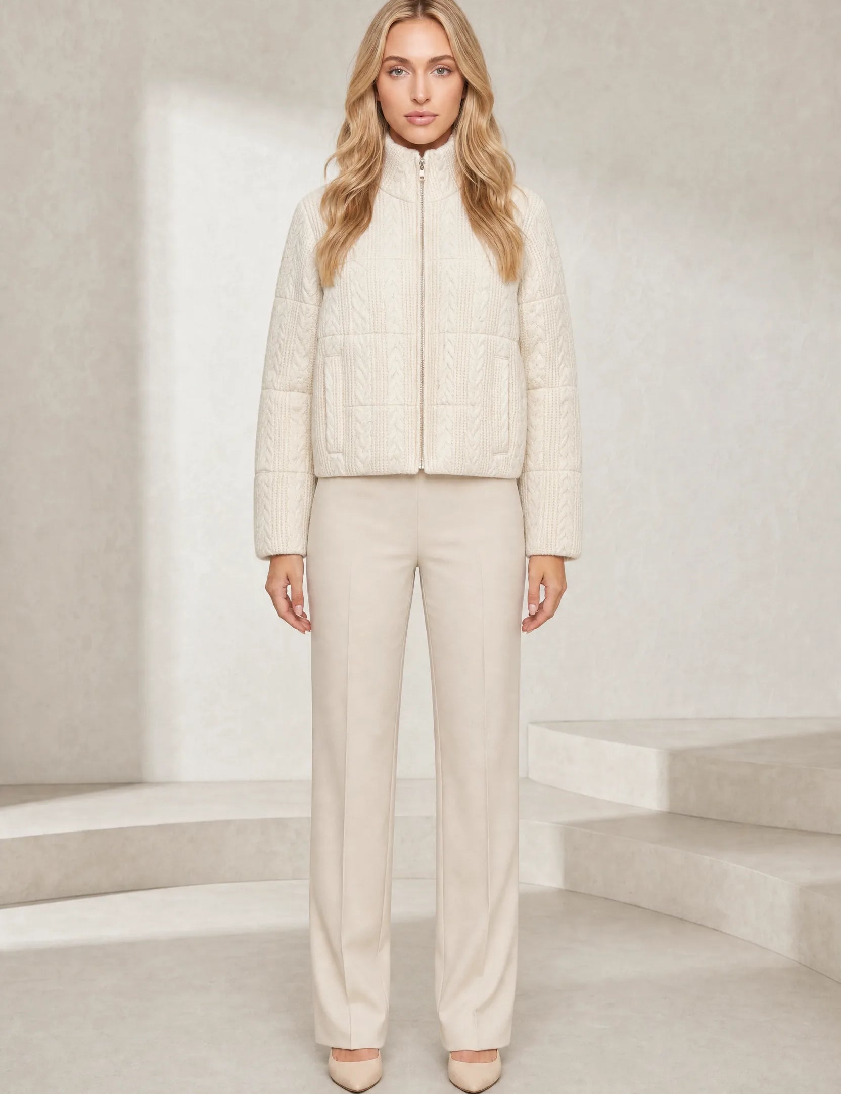 Veste maille beige col montant | Lounelle Paris