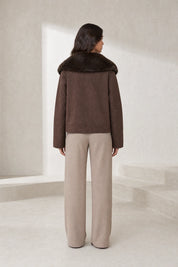 Veste suédine café col fourrure | Lounelle Paris